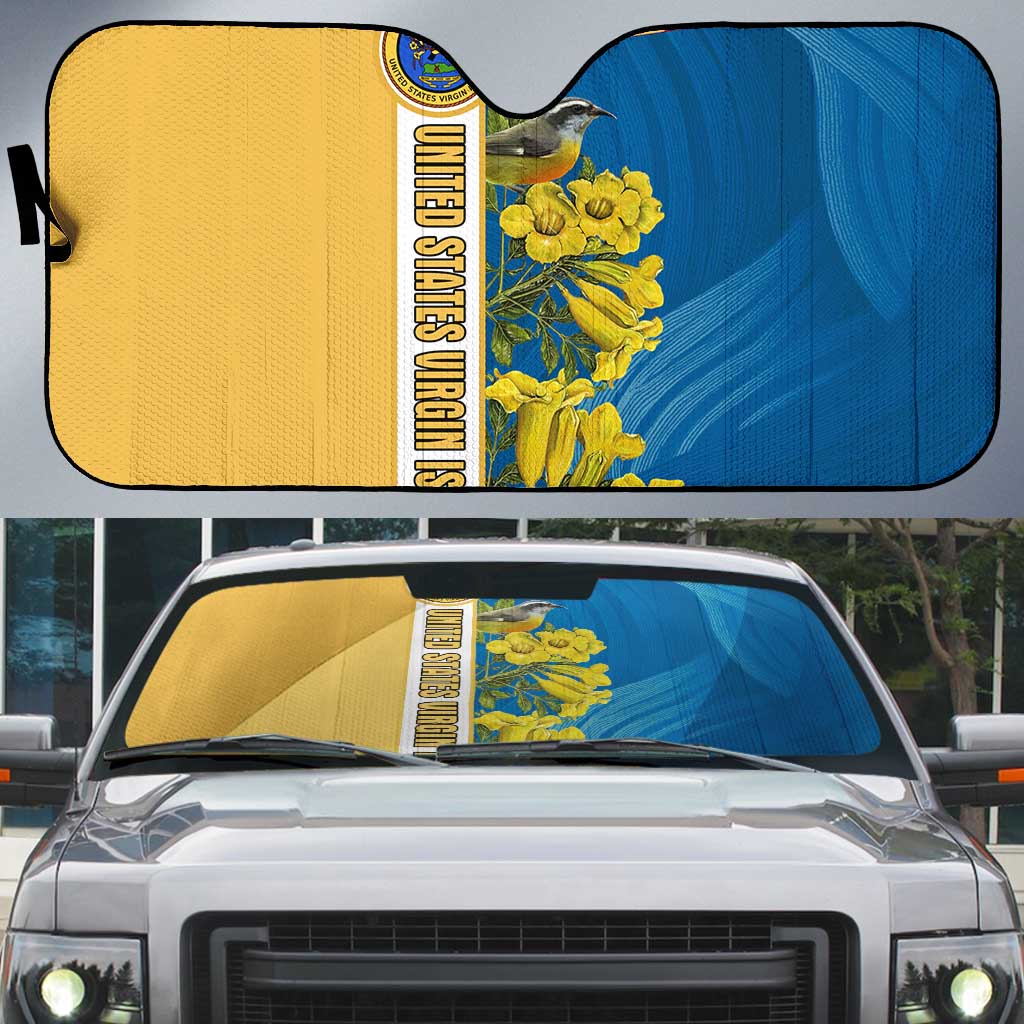 United States Virgin Islands Auto Sun Shade with Blue Yellow Floral Design and Government Seal Bird - Wonder Print Shop