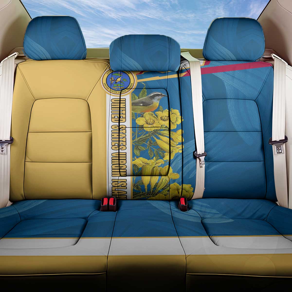 United States Virgin Islands Back Car Seat Cover with Blue Yellow Floral Design and Government Seal Bird - Wonder Print Shop