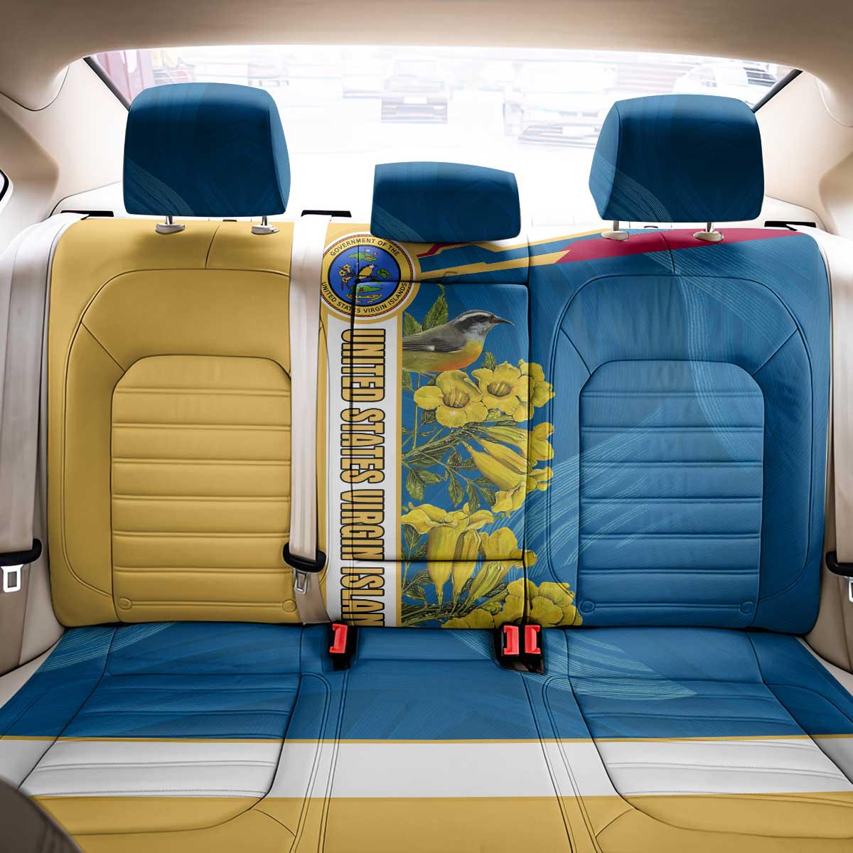 United States Virgin Islands Back Car Seat Cover with Blue Yellow Floral Design and Government Seal Bird - Wonder Print Shop