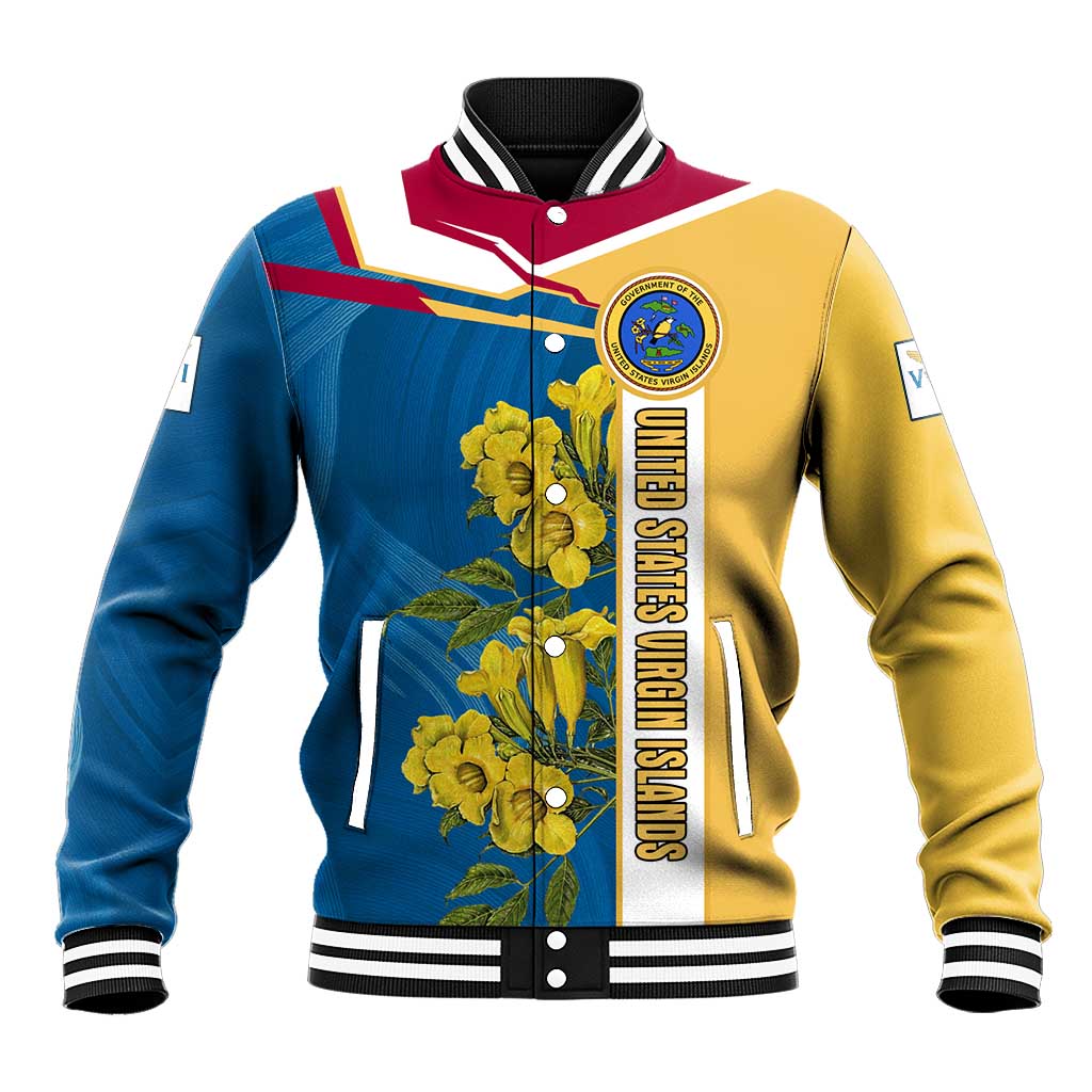 United States Virgin Islands Baseball Jacket with Blue Yellow Floral Design and Government Seal Bird - Wonder Print Shop
