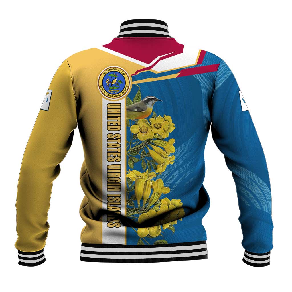 United States Virgin Islands Baseball Jacket with Blue Yellow Floral Design and Government Seal Bird - Wonder Print Shop