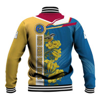 United States Virgin Islands Baseball Jacket with Blue Yellow Floral Design and Government Seal Bird - Wonder Print Shop