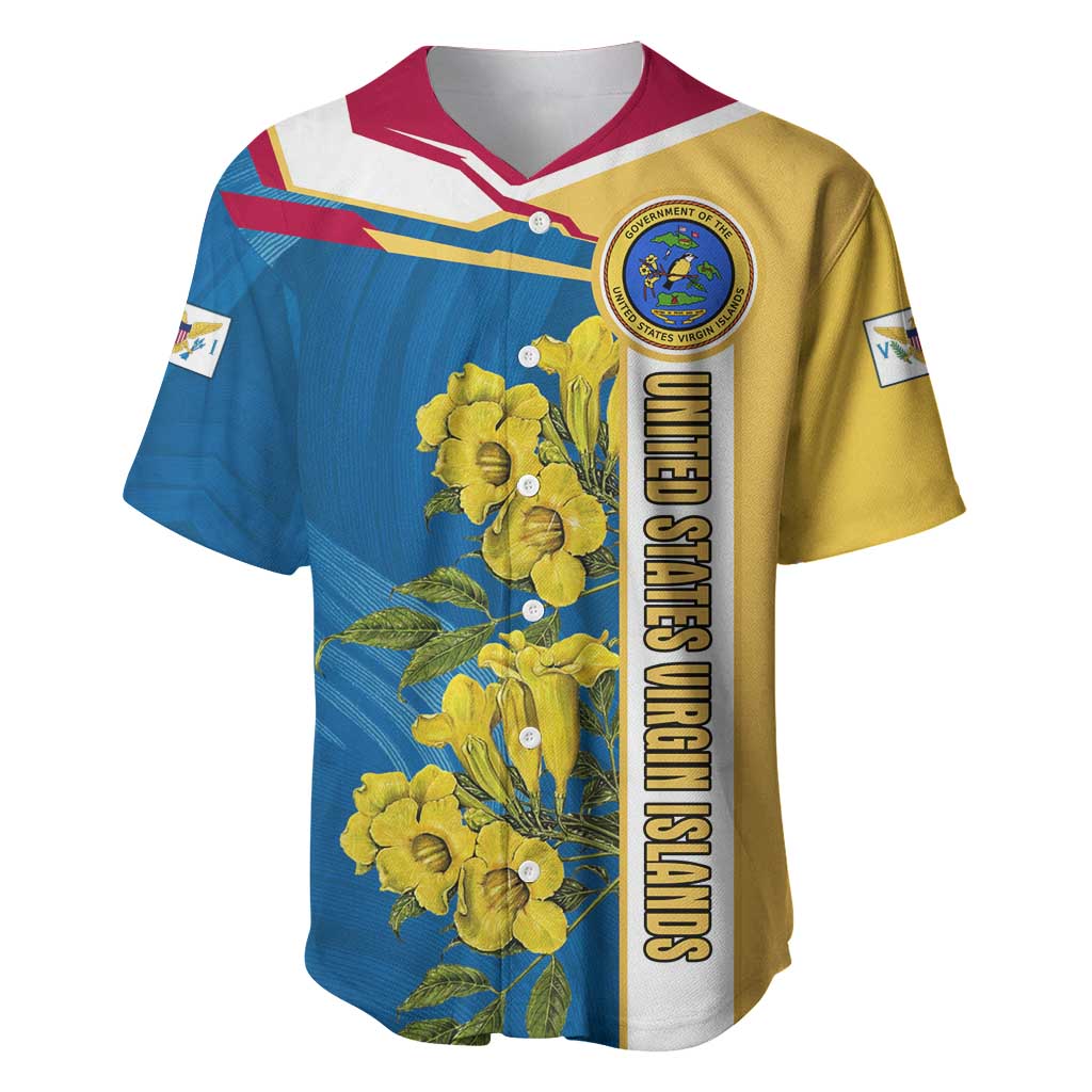 United States Virgin Islands Baseball Jersey with Blue Yellow Floral Design and Government Seal Bird - Wonder Print Shop