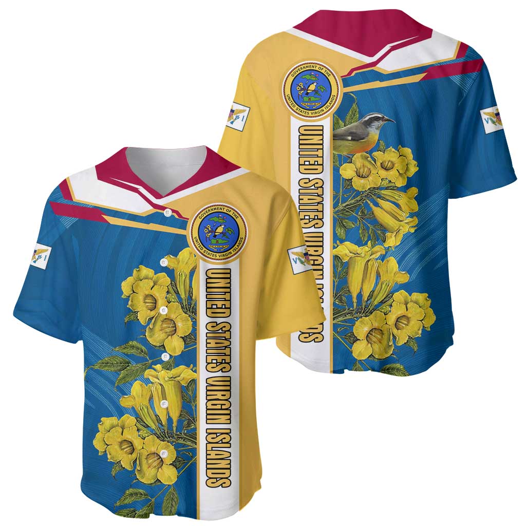 United States Virgin Islands Baseball Jersey with Blue Yellow Floral Design and Government Seal Bird - Wonder Print Shop