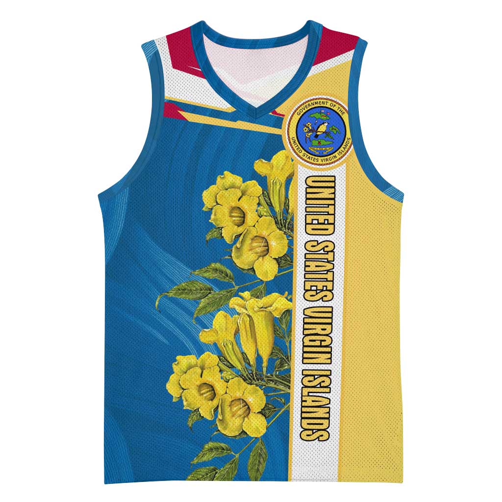 United States Virgin Islands Basketball Jersey with Blue Yellow Floral Design and Government Seal Bird - Wonder Print Shop