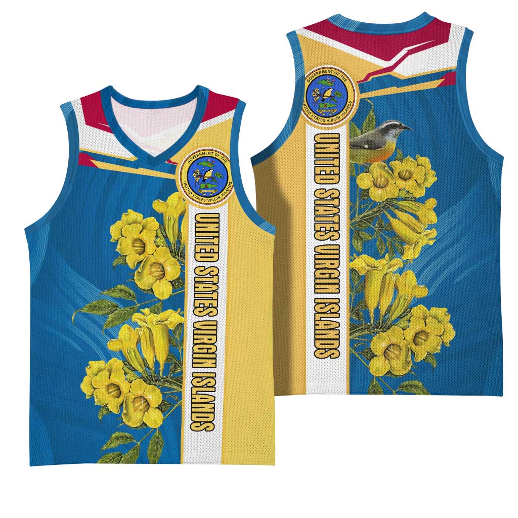 United States Virgin Islands Basketball Jersey with Blue Yellow Floral Design and Government Seal Bird - Wonder Print Shop