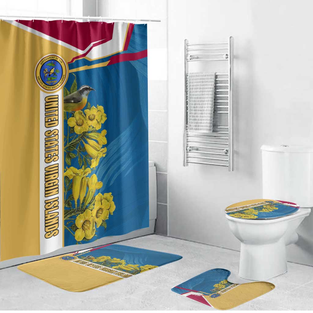 United States Virgin Islands Bathroom Set with Blue Yellow Floral Design and Government Seal Bird - Wonder Print Shop