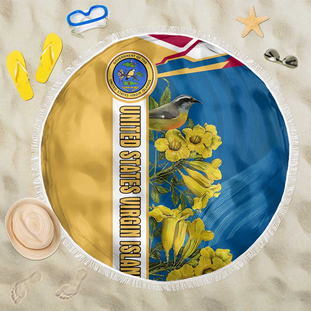 United States Virgin Islands Beach Blanket with Blue Yellow Floral Design and Government Seal Bird - Wonder Print Shop