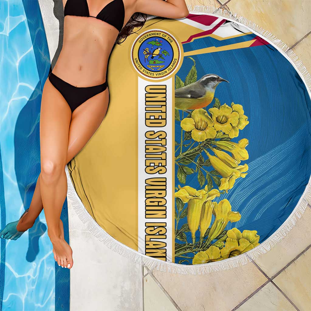 United States Virgin Islands Beach Blanket with Blue Yellow Floral Design and Government Seal Bird - Wonder Print Shop