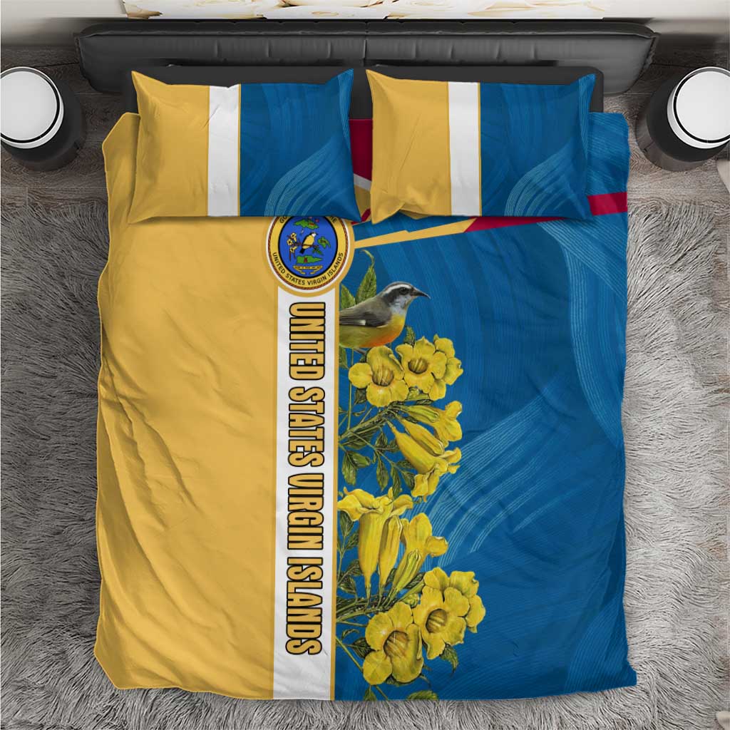 United States Virgin Islands Bedding Set with Blue Yellow Floral Design and Government Seal Bird - Wonder Print Shop