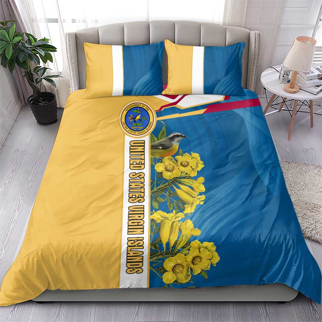 United States Virgin Islands Bedding Set with Blue Yellow Floral Design and Government Seal Bird - Wonder Print Shop