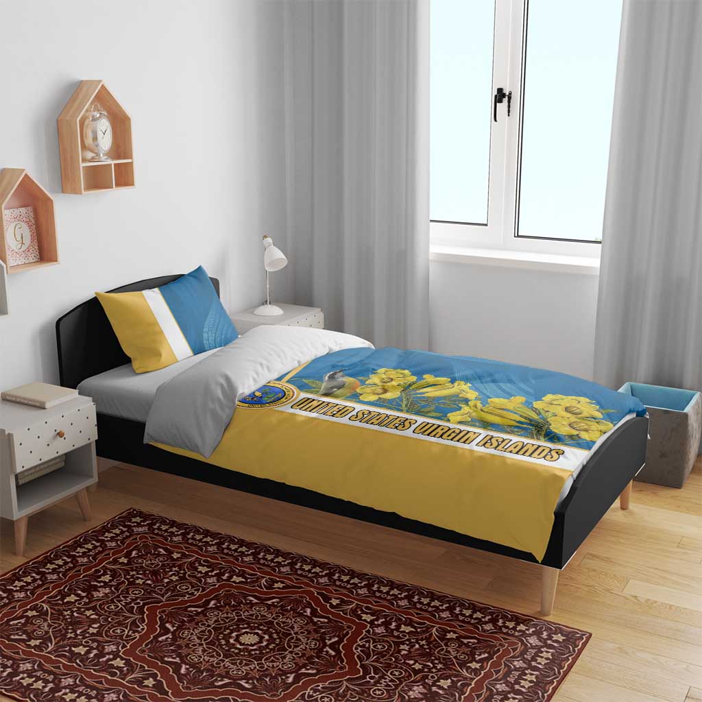 United States Virgin Islands Bedding Set with Blue Yellow Floral Design and Government Seal Bird - Wonder Print Shop