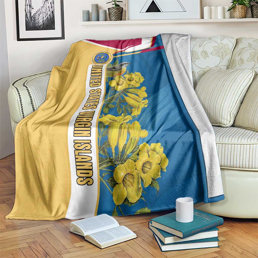 United States Virgin Islands Blanket with Blue Yellow Floral Design and Government Seal Bird - Wonder Print Shop