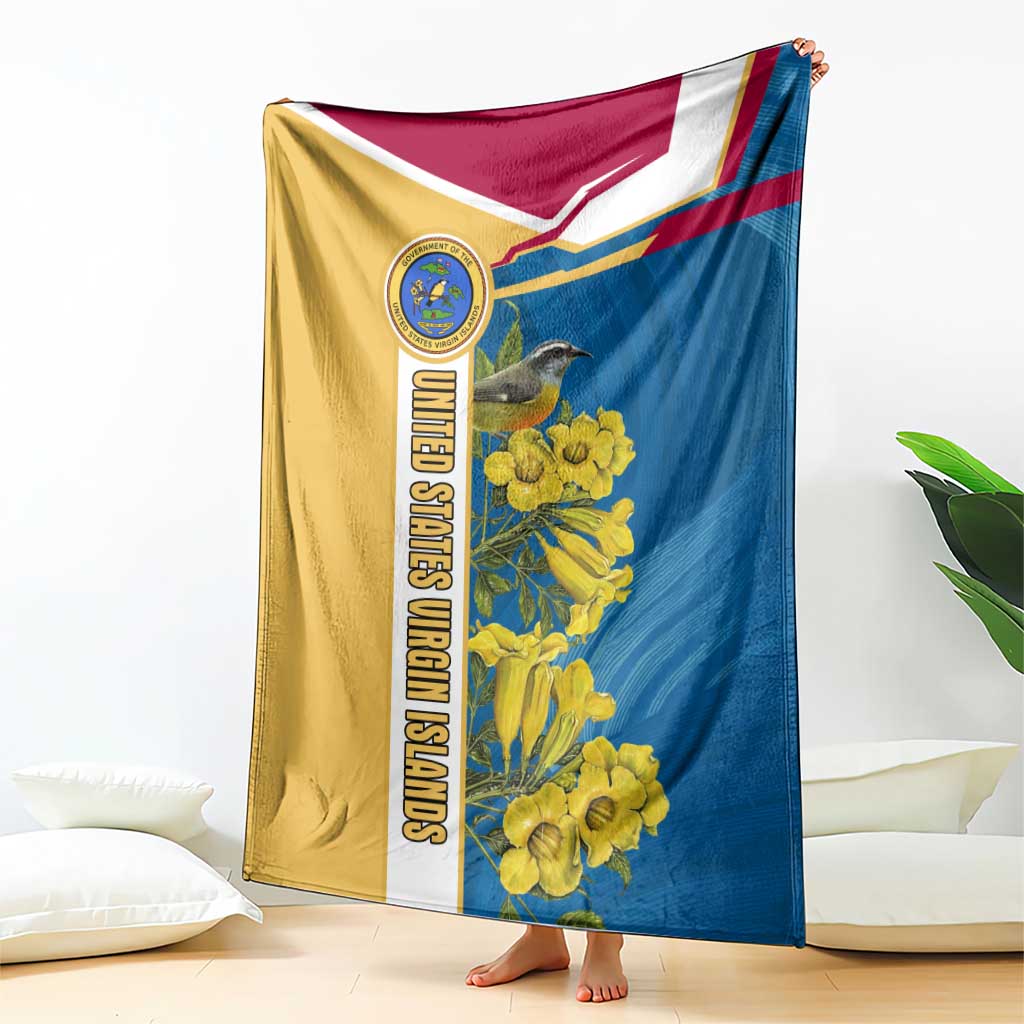 United States Virgin Islands Blanket with Blue Yellow Floral Design and Government Seal Bird - Wonder Print Shop