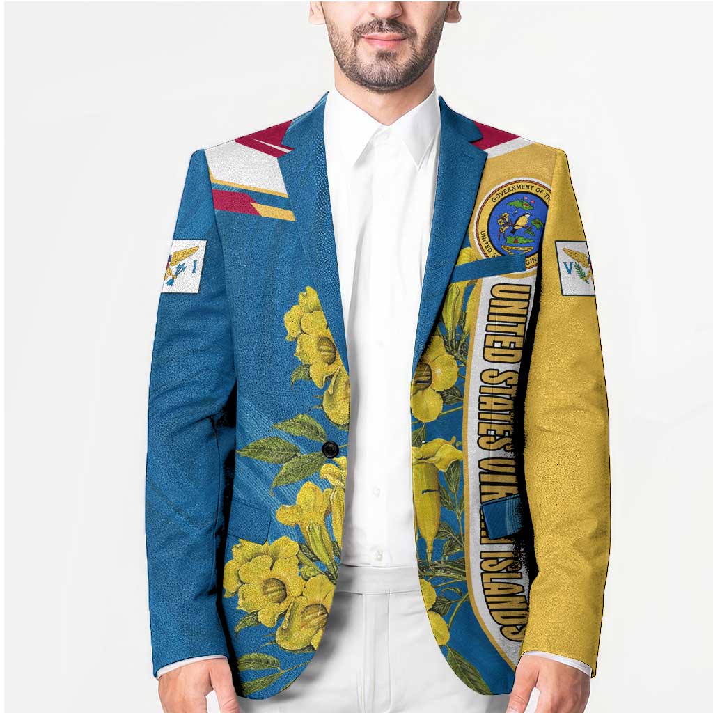United States Virgin Islands Blazer with Blue Yellow Floral Design and Government Seal Bird - Wonder Print Shop