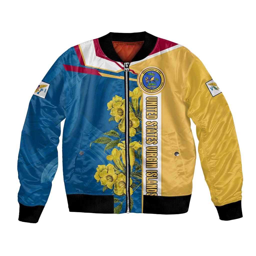 United States Virgin Islands Bomber Jacket with Blue Yellow Floral Design and Government Seal Bird - Wonder Print Shop