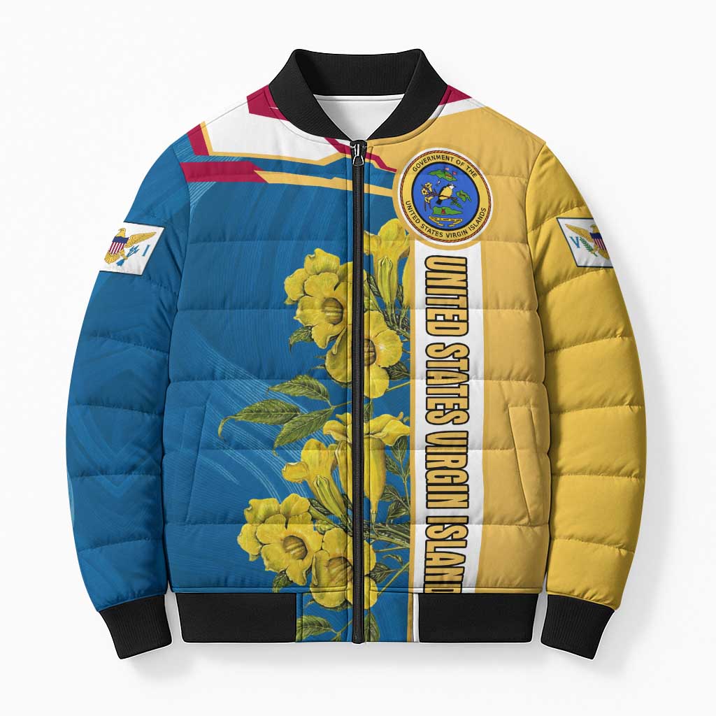 United States Virgin Islands Bomber Puffer Jacket with Blue Yellow Floral Design and Government Seal Bird - Wonder Print Shop