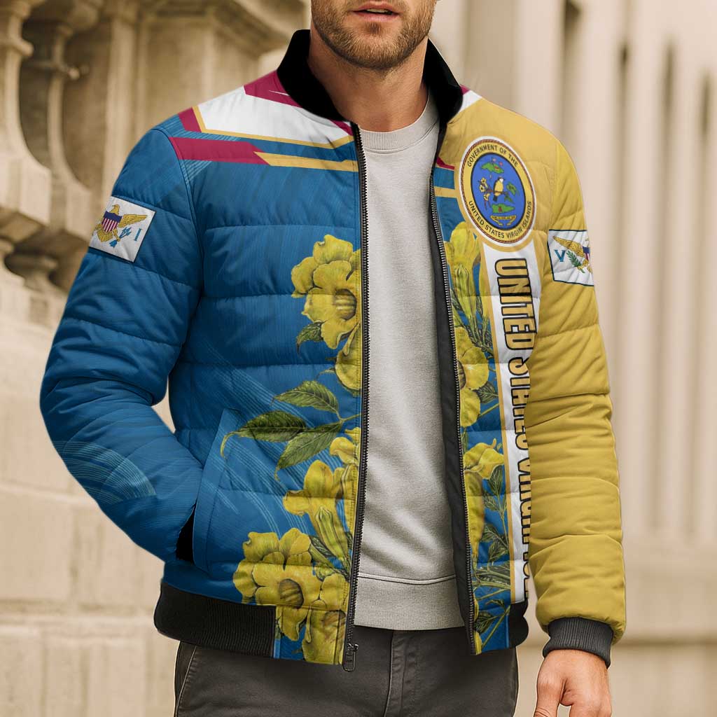 United States Virgin Islands Bomber Puffer Jacket with Blue Yellow Floral Design and Government Seal Bird - Wonder Print Shop