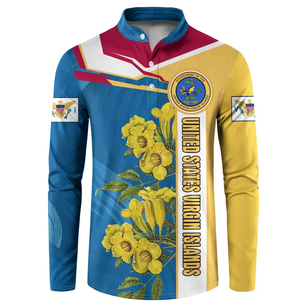 United States Virgin Islands Button Sweatshirt with Blue Yellow Floral Design and Government Seal Bird - Wonder Print Shop