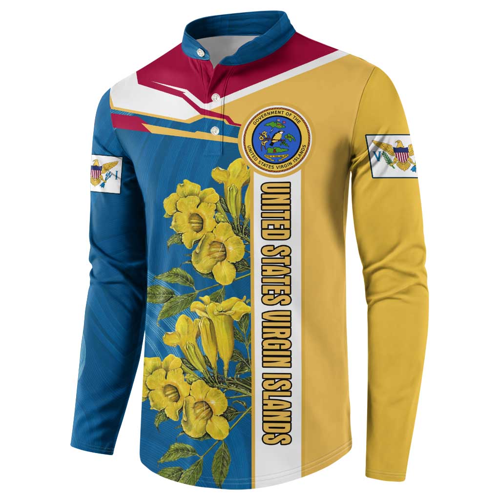 United States Virgin Islands Button Sweatshirt with Blue Yellow Floral Design and Government Seal Bird - Wonder Print Shop