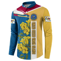 United States Virgin Islands Button Sweatshirt with Blue Yellow Floral Design and Government Seal Bird - Wonder Print Shop