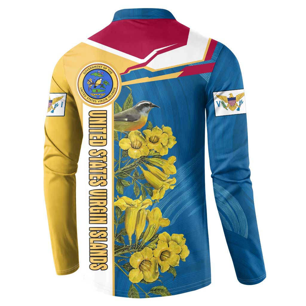 United States Virgin Islands Button Sweatshirt with Blue Yellow Floral Design and Government Seal Bird - Wonder Print Shop