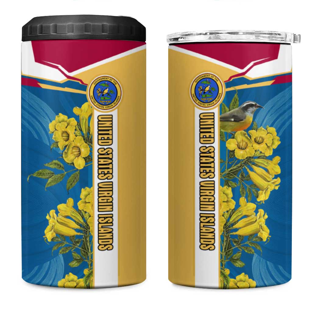 United States Virgin Islands 4 in 1 Can Cooler Tumbler with Blue Yellow Floral Design and Government Seal Bird - Wonder Print Shop