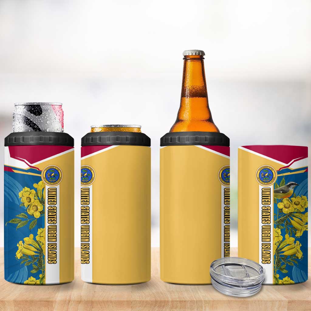 United States Virgin Islands 4 in 1 Can Cooler Tumbler with Blue Yellow Floral Design and Government Seal Bird - Wonder Print Shop