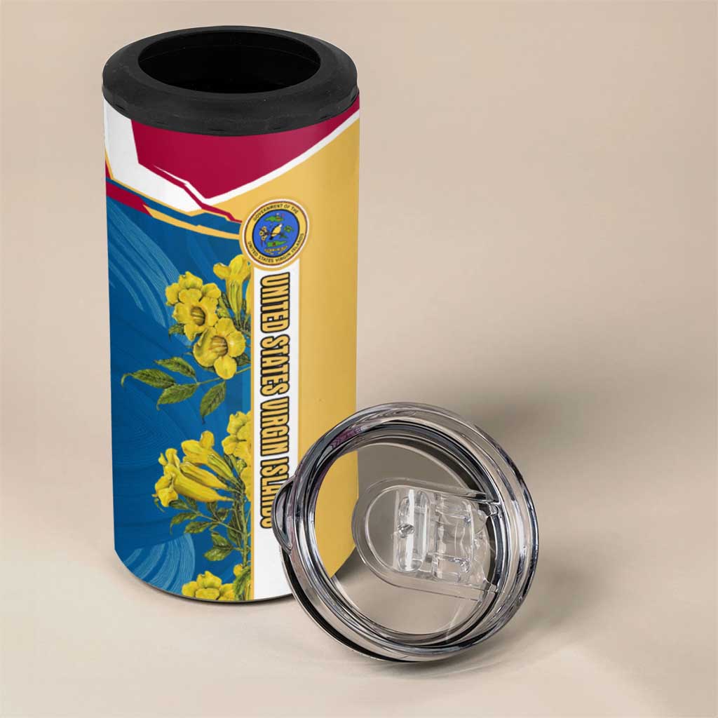 United States Virgin Islands 4 in 1 Can Cooler Tumbler with Blue Yellow Floral Design and Government Seal Bird - Wonder Print Shop