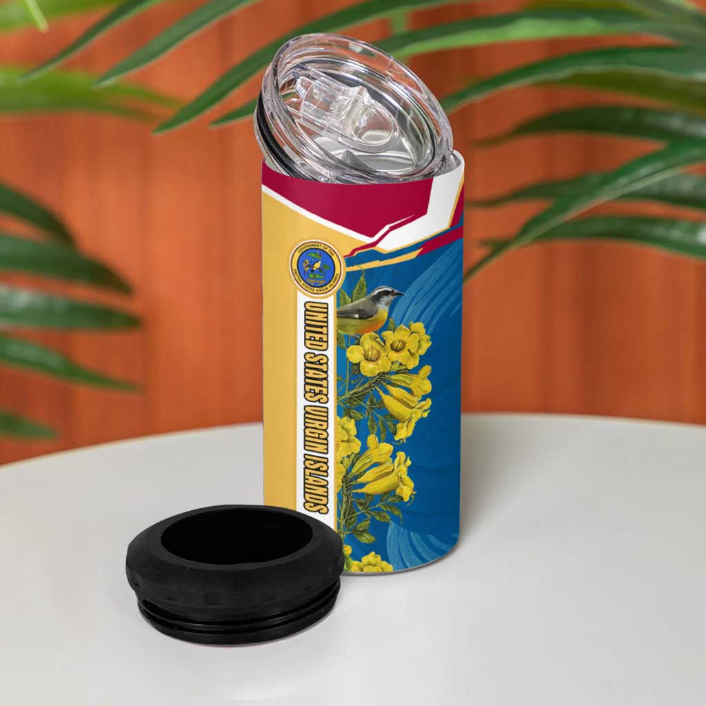 United States Virgin Islands 4 in 1 Can Cooler Tumbler with Blue Yellow Floral Design and Government Seal Bird - Wonder Print Shop