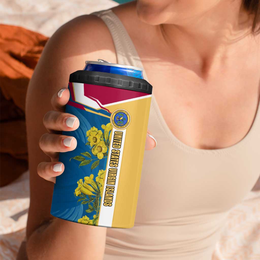 United States Virgin Islands 4 in 1 Can Cooler Tumbler with Blue Yellow Floral Design and Government Seal Bird - Wonder Print Shop