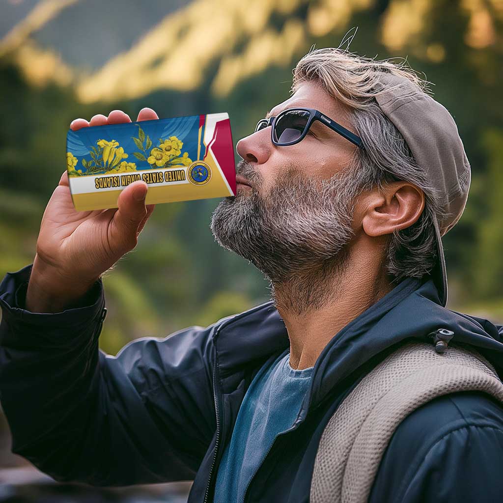 United States Virgin Islands 4 in 1 Can Cooler Tumbler with Blue Yellow Floral Design and Government Seal Bird - Wonder Print Shop