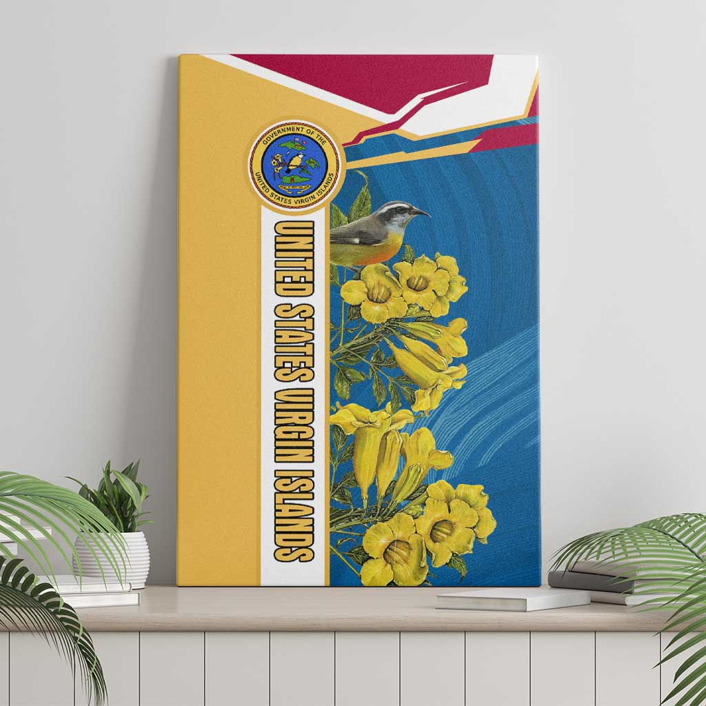United States Virgin Islands Canvas Wall Art with Blue Yellow Floral Design and Government Seal Bird - Wonder Print Shop