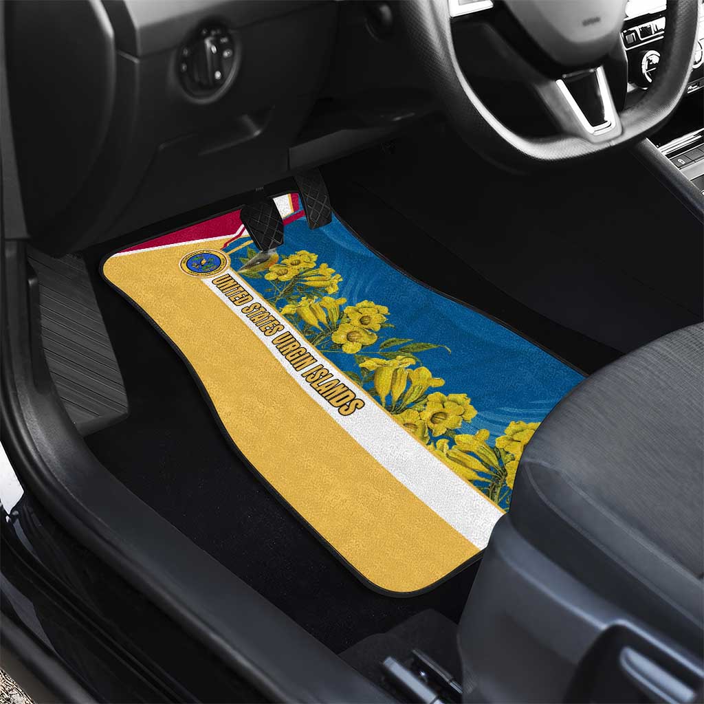 United States Virgin Islands Car Mats with Blue Yellow Floral Design and Government Seal Bird - Wonder Print Shop