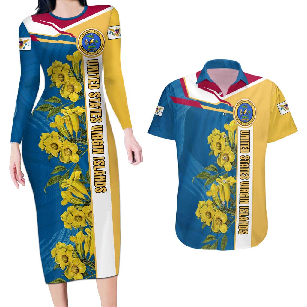 United States Virgin Islands Couples Matching Long Sleeve Bodycon Dress and Hawaiian Shirt with Blue Yellow Floral Design and Government Seal Bird - Wonder Print Shop