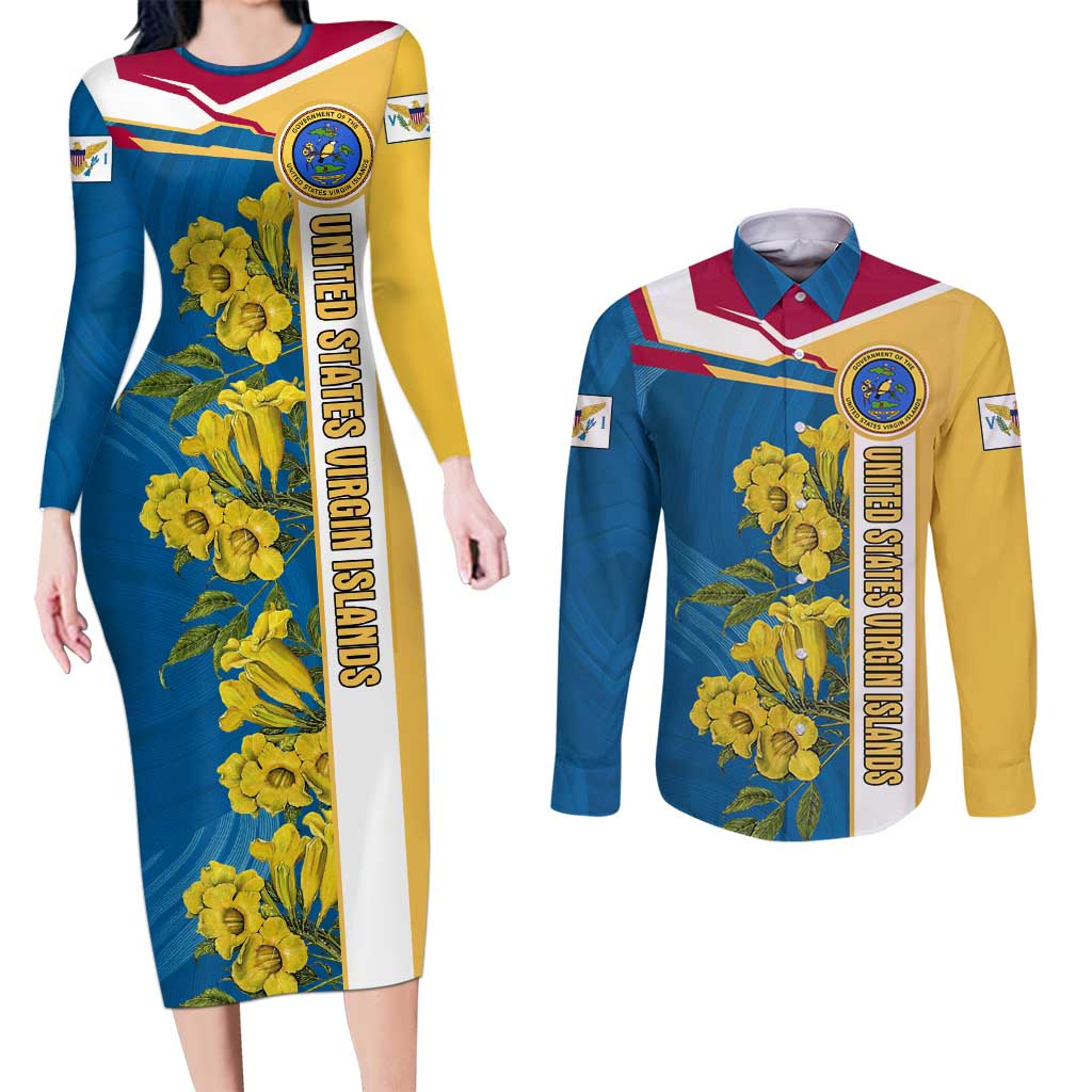 United States Virgin Islands Couples Matching Long Sleeve Bodycon Dress and Long Sleeve Button Shirt with Blue Yellow Floral Design and Government Seal Bird - Wonder Print Shop