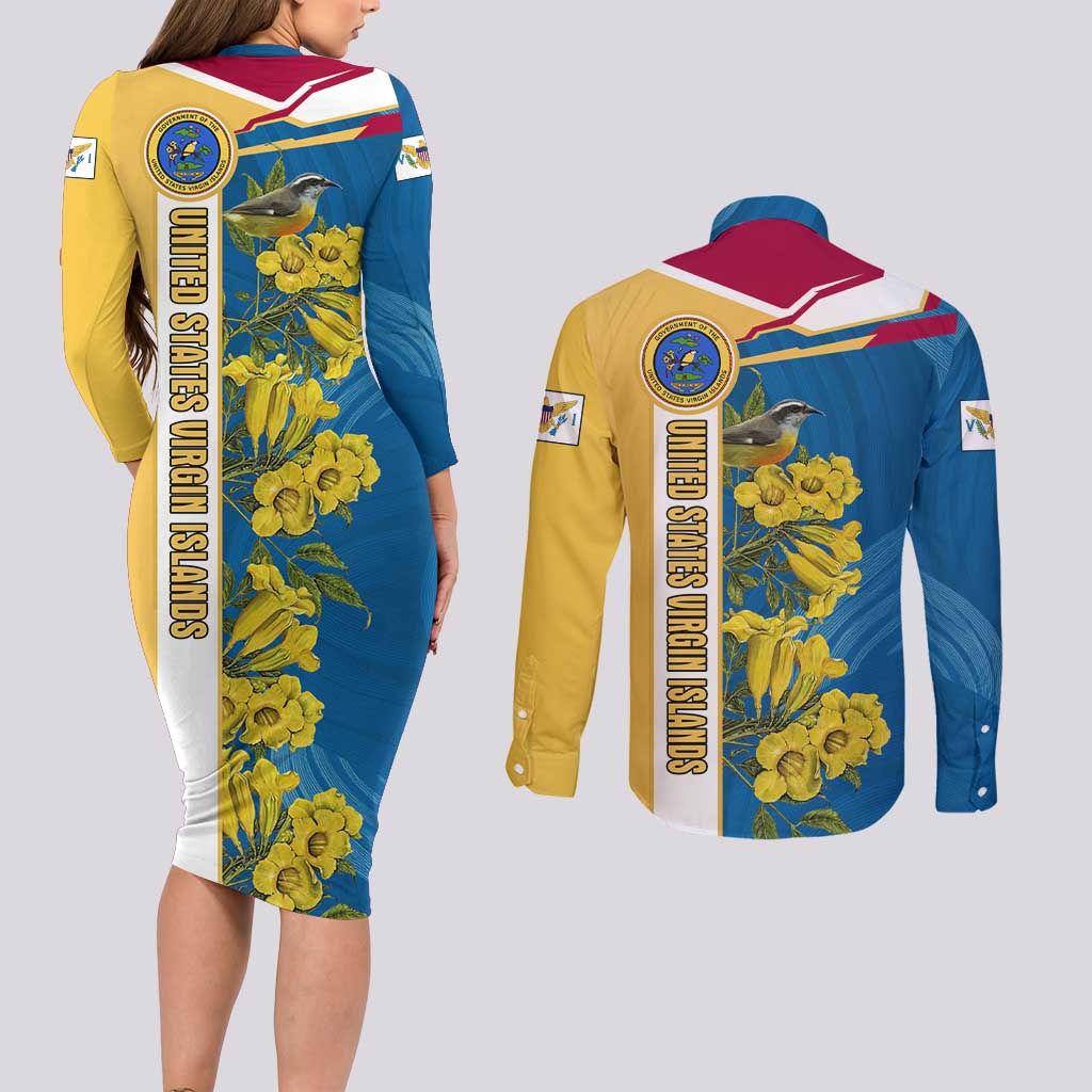 United States Virgin Islands Couples Matching Long Sleeve Bodycon Dress and Long Sleeve Button Shirt with Blue Yellow Floral Design and Government Seal Bird - Wonder Print Shop