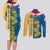 United States Virgin Islands Couples Matching Long Sleeve Bodycon Dress and Long Sleeve Button Shirt with Blue Yellow Floral Design and Government Seal Bird - Wonder Print Shop