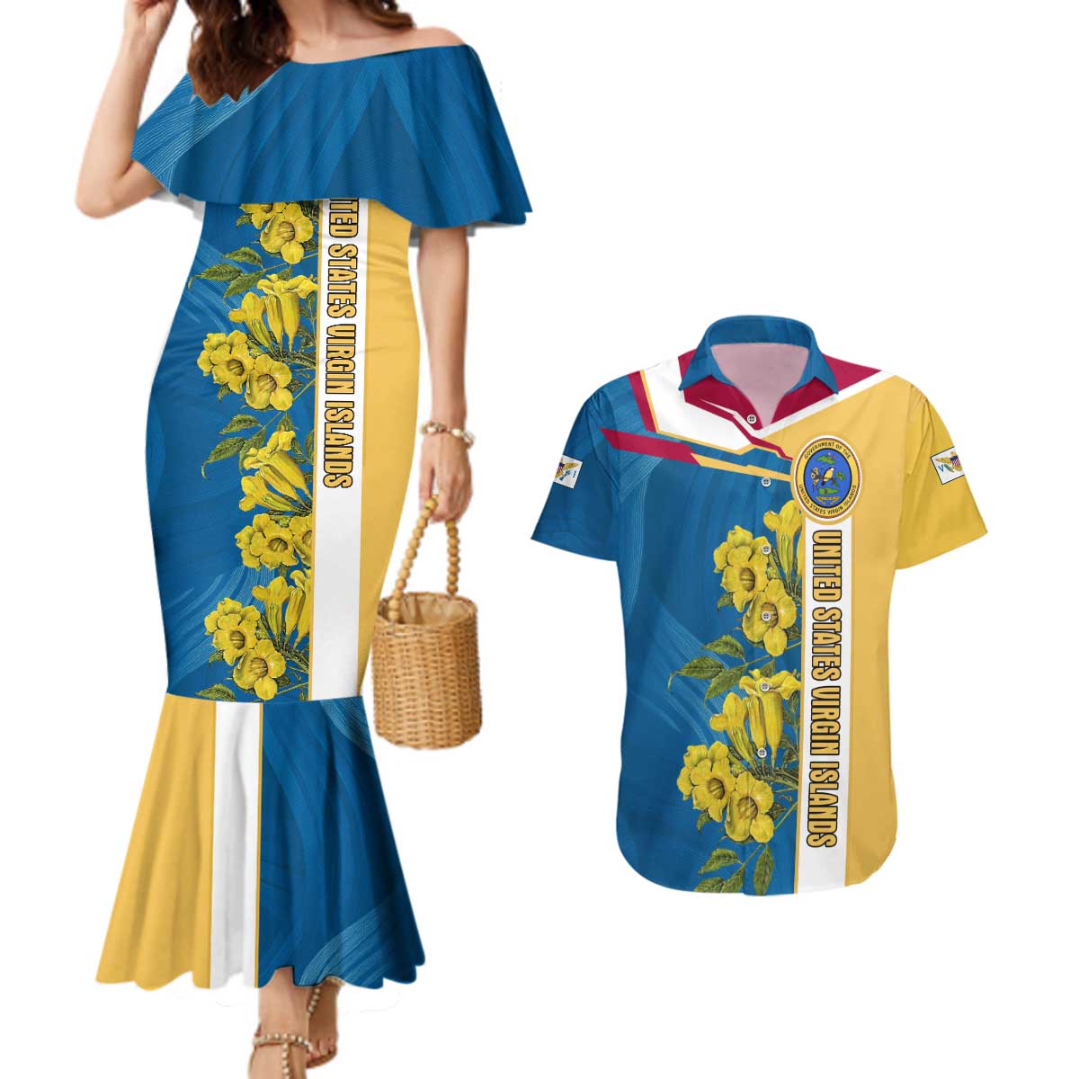 United States Virgin Islands Couples Matching Mermaid Dress and Hawaiian Shirt with Blue Yellow Floral Design and Government Seal Bird - Wonder Print Shop