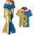 United States Virgin Islands Couples Matching Mermaid Dress and Hawaiian Shirt with Blue Yellow Floral Design and Government Seal Bird - Wonder Print Shop