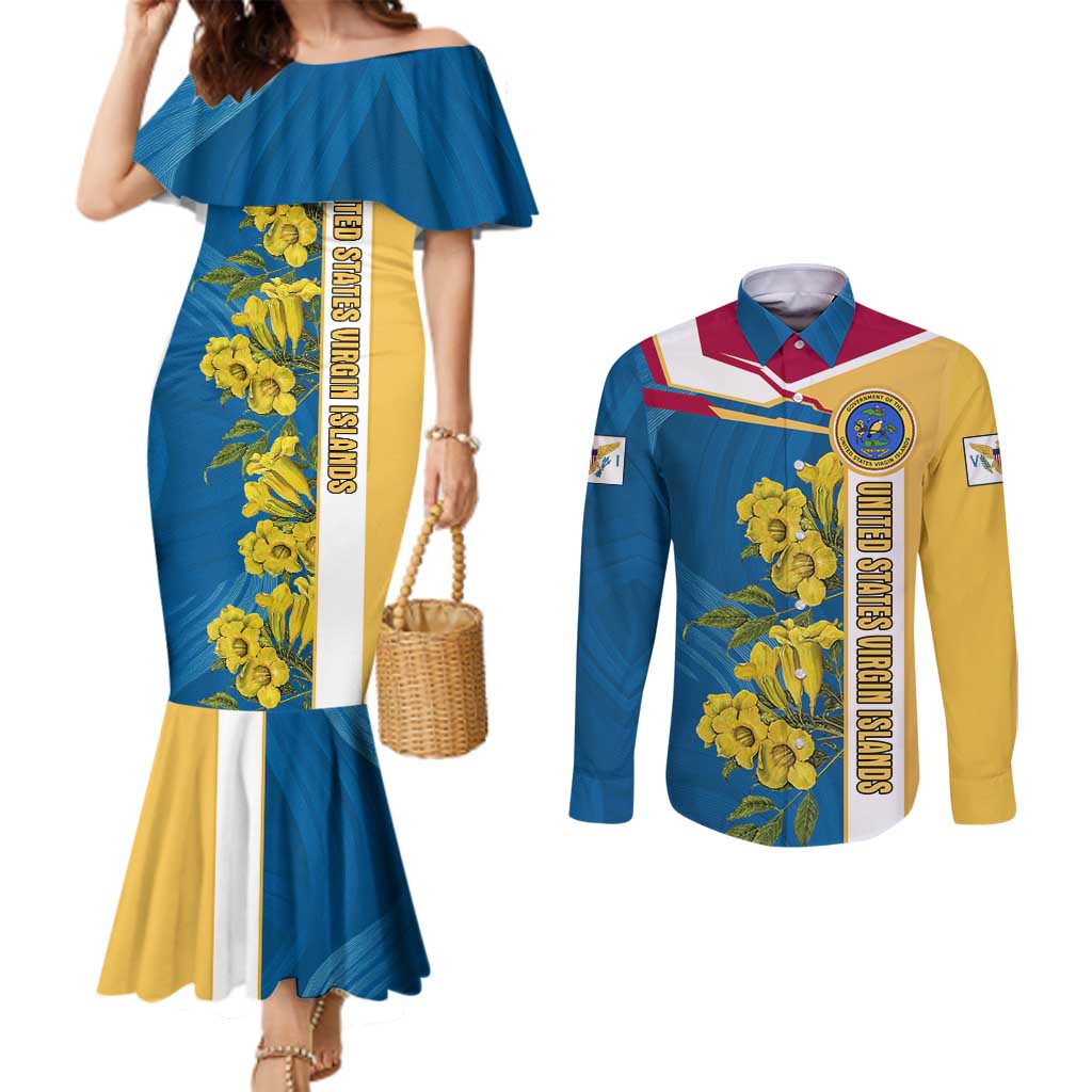 United States Virgin Islands Couples Matching Mermaid Dress and Long Sleeve Button Shirt with Blue Yellow Floral Design and Government Seal Bird - Wonder Print Shop