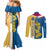 United States Virgin Islands Couples Matching Mermaid Dress and Long Sleeve Button Shirt with Blue Yellow Floral Design and Government Seal Bird - Wonder Print Shop