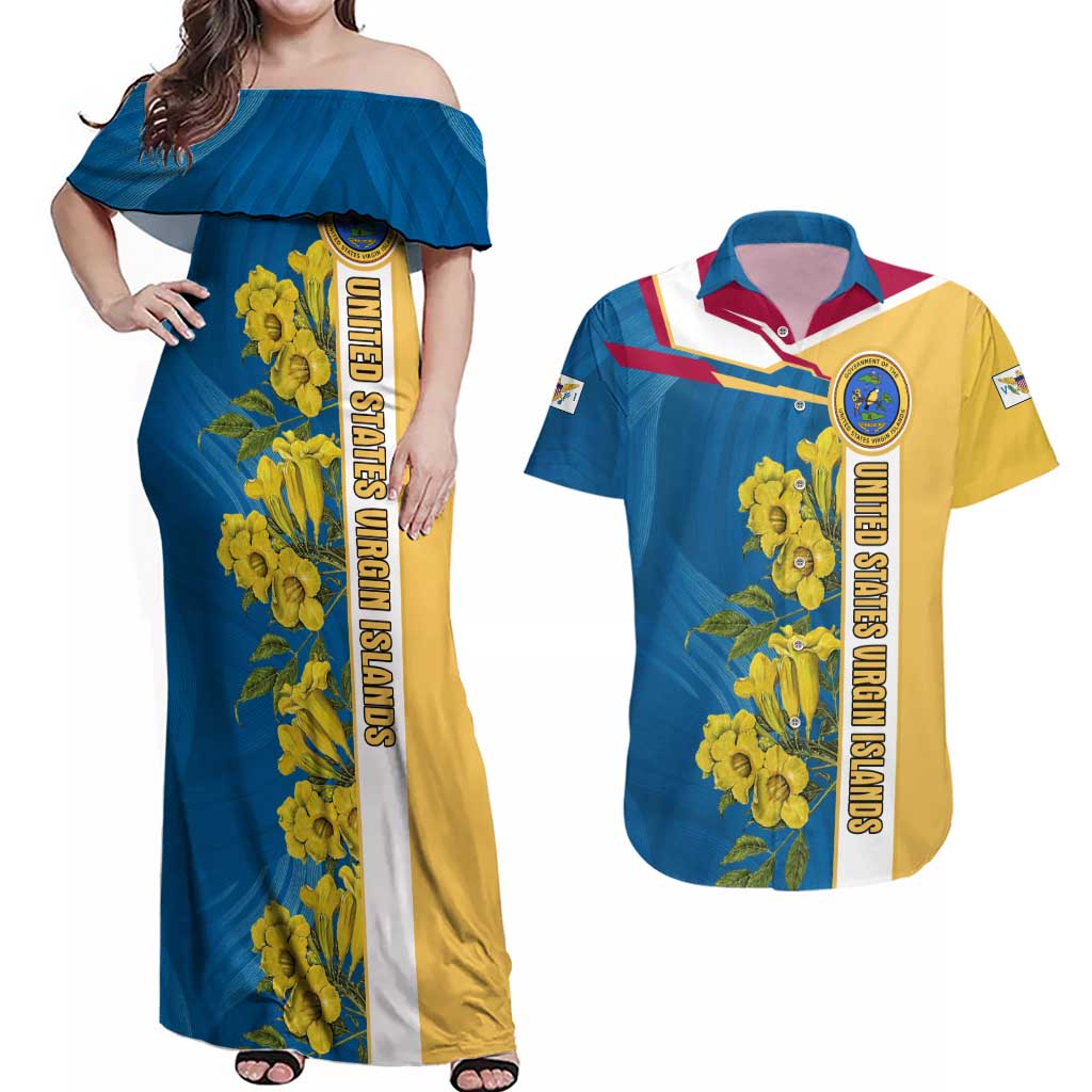 United States Virgin Islands Couples Matching Off Shoulder Maxi Dress and Hawaiian Shirt with Blue Yellow Floral Design and Government Seal Bird - Wonder Print Shop