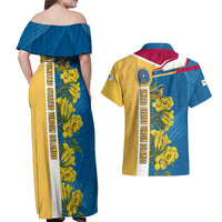 United States Virgin Islands Couples Matching Off Shoulder Maxi Dress and Hawaiian Shirt with Blue Yellow Floral Design and Government Seal Bird - Wonder Print Shop