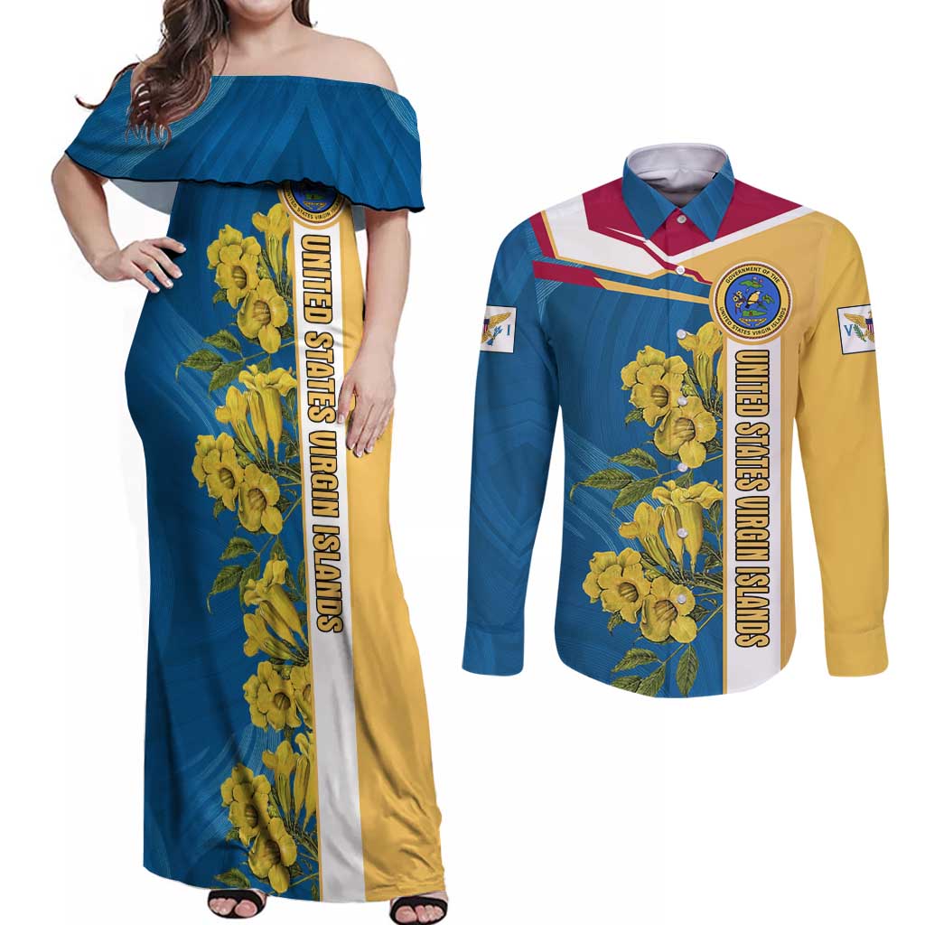 United States Virgin Islands Couples Matching Off Shoulder Maxi Dress and Long Sleeve Button Shirt with Blue Yellow Floral Design and Government Seal Bird - Wonder Print Shop