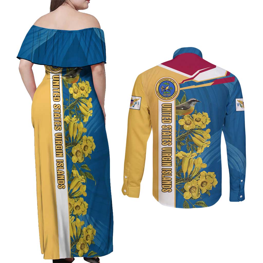 United States Virgin Islands Couples Matching Off Shoulder Maxi Dress and Long Sleeve Button Shirt with Blue Yellow Floral Design and Government Seal Bird - Wonder Print Shop