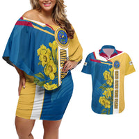 United States Virgin Islands Couples Matching Off Shoulder Short Dress and Hawaiian Shirt with Blue Yellow Floral Design and Government Seal Bird - Wonder Print Shop