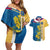 United States Virgin Islands Couples Matching Off Shoulder Short Dress and Hawaiian Shirt with Blue Yellow Floral Design and Government Seal Bird - Wonder Print Shop
