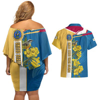 United States Virgin Islands Couples Matching Off Shoulder Short Dress and Hawaiian Shirt with Blue Yellow Floral Design and Government Seal Bird - Wonder Print Shop