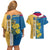 United States Virgin Islands Couples Matching Off Shoulder Short Dress and Hawaiian Shirt with Blue Yellow Floral Design and Government Seal Bird - Wonder Print Shop